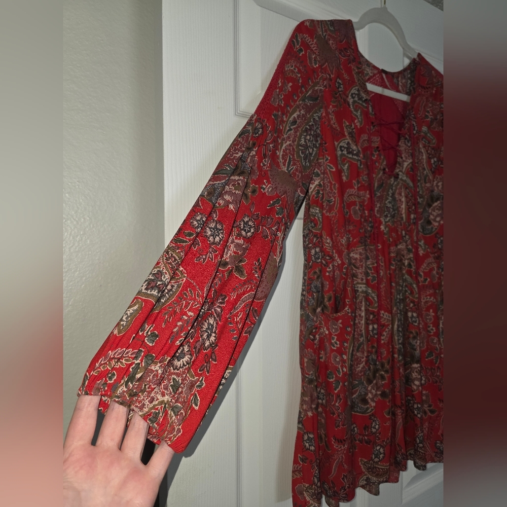 Moving Sale! { Free People Red Lace Up Mini Dress With Pockets Size XS - Picture 4 of 7